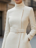 Elegant Belted High-Neck Wool Blend Dress