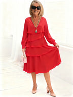 Deep V-Neck Long-sleeved Fashion Cake Skirt Women's Temperament Loose and Thin Round Neck Dress Women