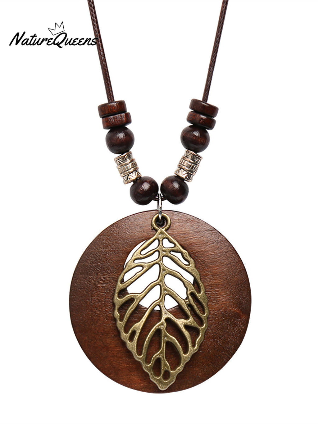 Vintage Alloy Leaf Wooden Pandent Necklace