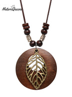 Vintage Alloy Leaf Wooden Pandent Necklace