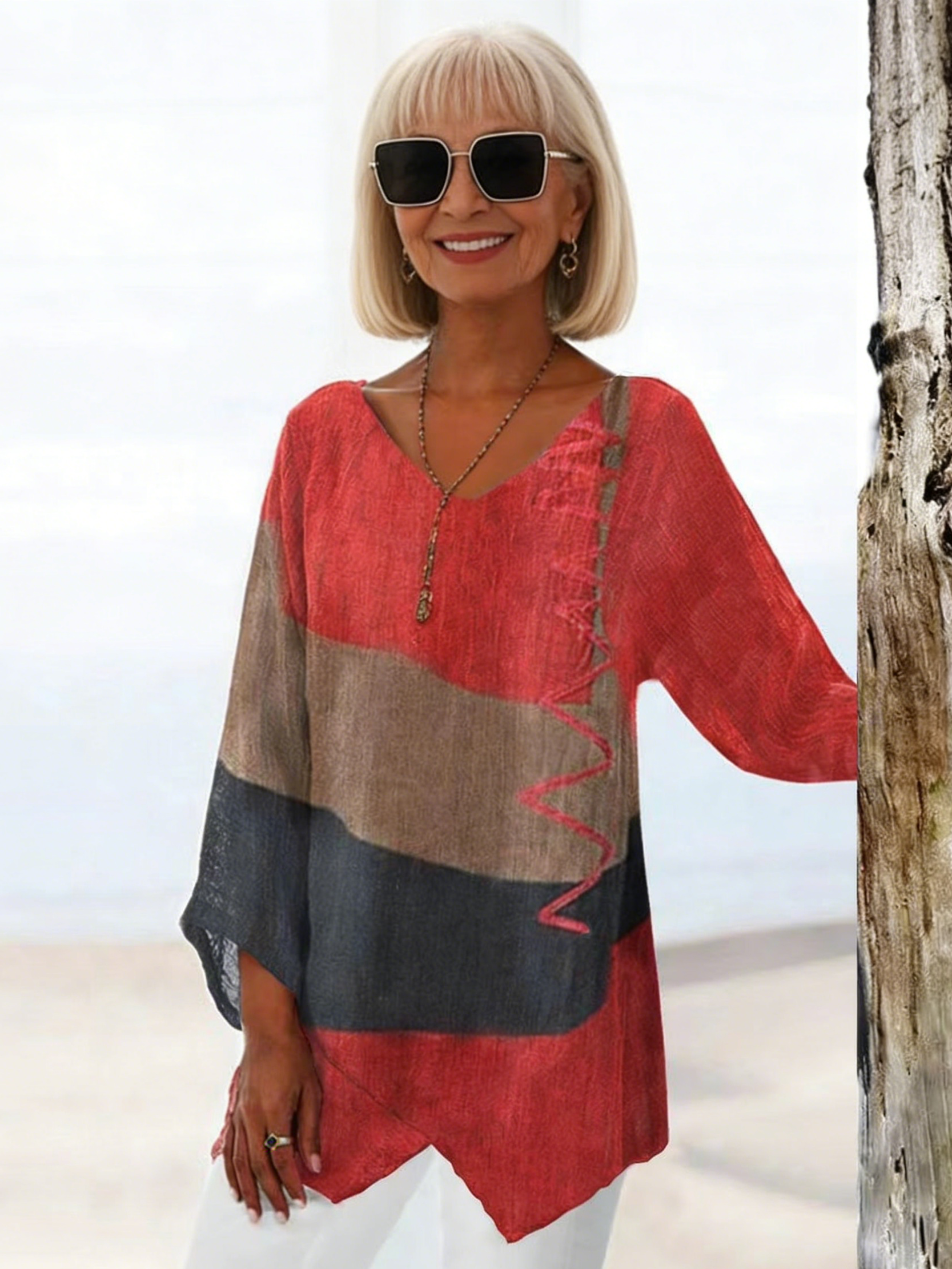 Casual Loose V-neck Irregular Hem Art Print Long Sleeve Tops