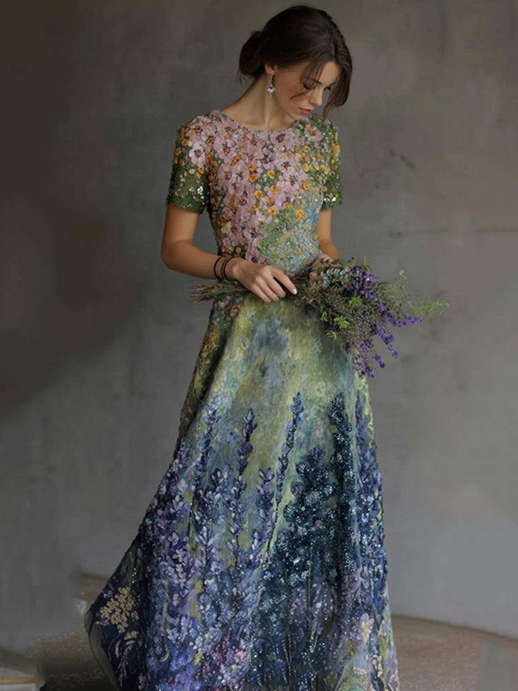 Art Oil Painting Lavender Floral Sequin Gradient Maxi Dress