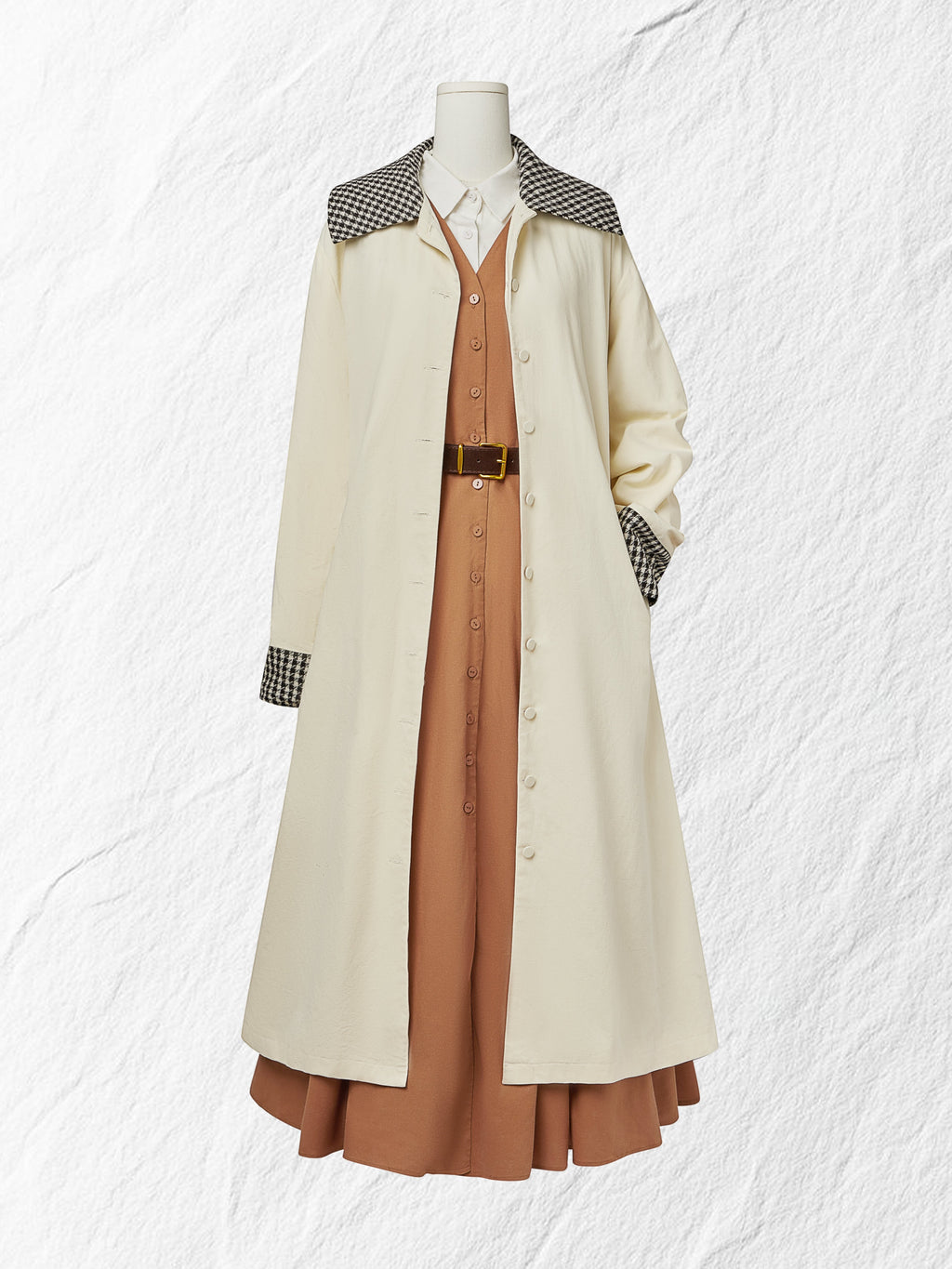 Cotton Trench Coat, Long Sleeves, Shawl Collar, Plain, Button Design, Vintage, Apricot