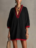 Black V-Neck Mini Dress With Red Lace Trim