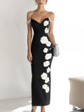 Chic Black Satin One side Rose Print Pearl Straps Dress