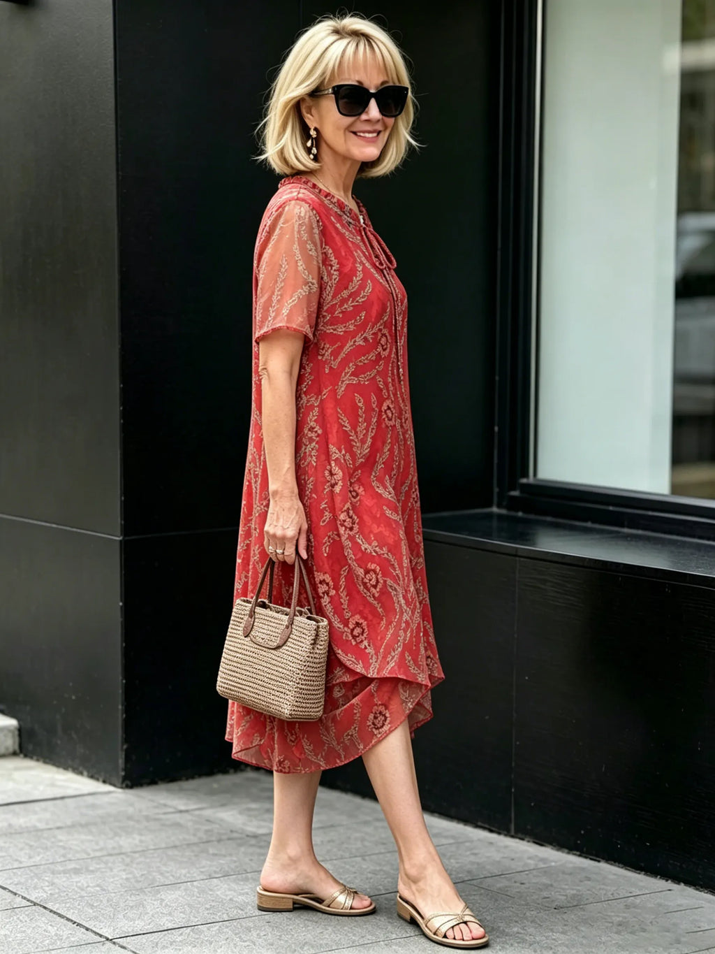 Dark Green Floral Print Mesh Midi Dress, Tie Neck Short Sleeve Loose Tummy Concealing Elegant Dress for Mature Women