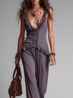 Bohemian-style Knitted Jumpsuit With Ruffle Details