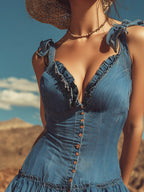 Chic Retro Lace-Up Strap Blue Denim Ruffled Sleeveless Mini Dress