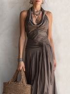 Bohemian Brown Pleated Halter Neck Maxi Dress