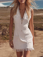Western Vacation Lace V-Neck Front Zip Fringed Hem White Denim Mini Dress