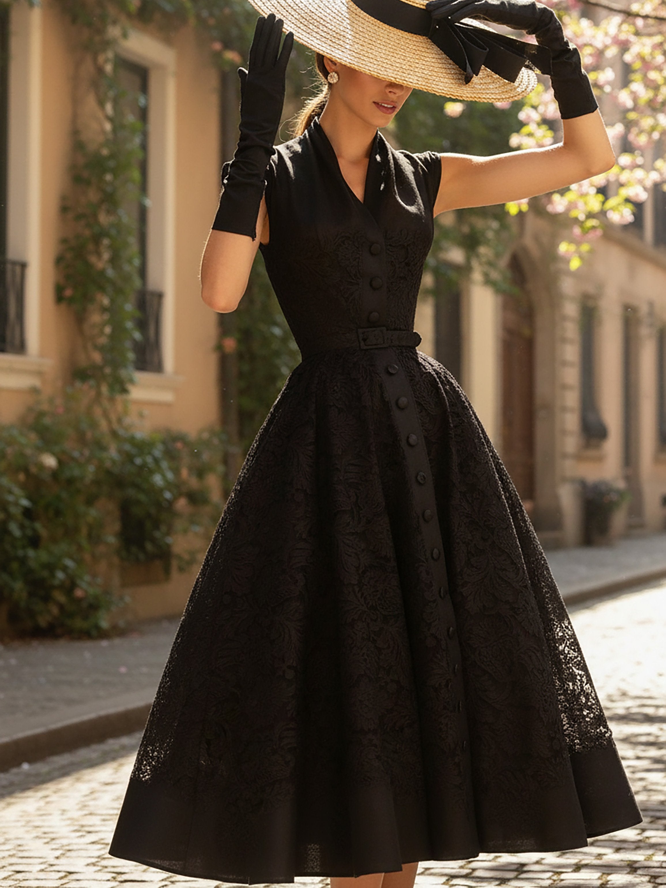 Midi Linen Dress, Sleeveless, V Neck, Lace, Button Design, French Vintage, Black