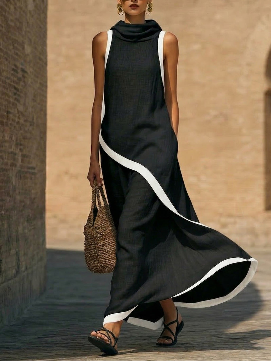 Elegant Color-block Trimmed Loose-fit Cotton-linen Hooded Dress