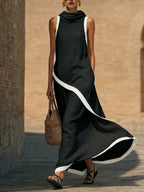 Elegant Color-block Trimmed Loose-fit Cotton-linen Hooded Dress
