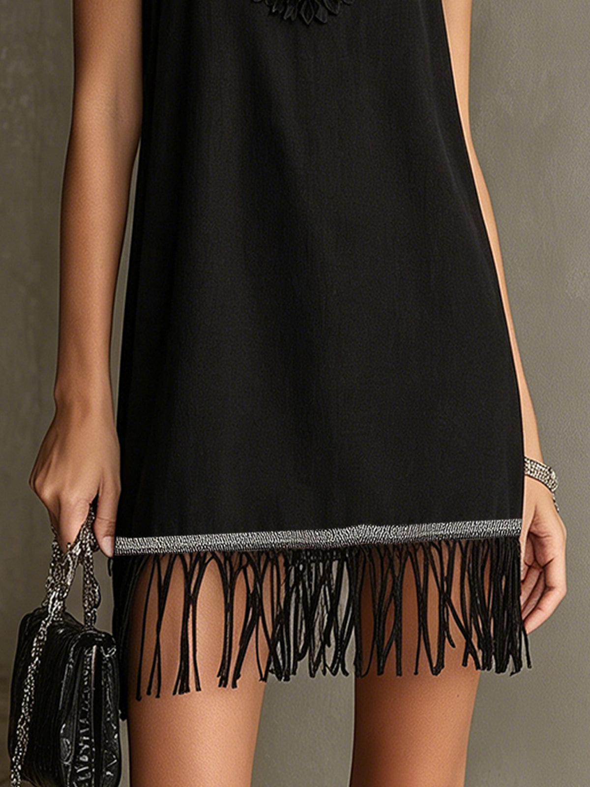 Black Floral Appliqué Mini Dress With Fringe Hem