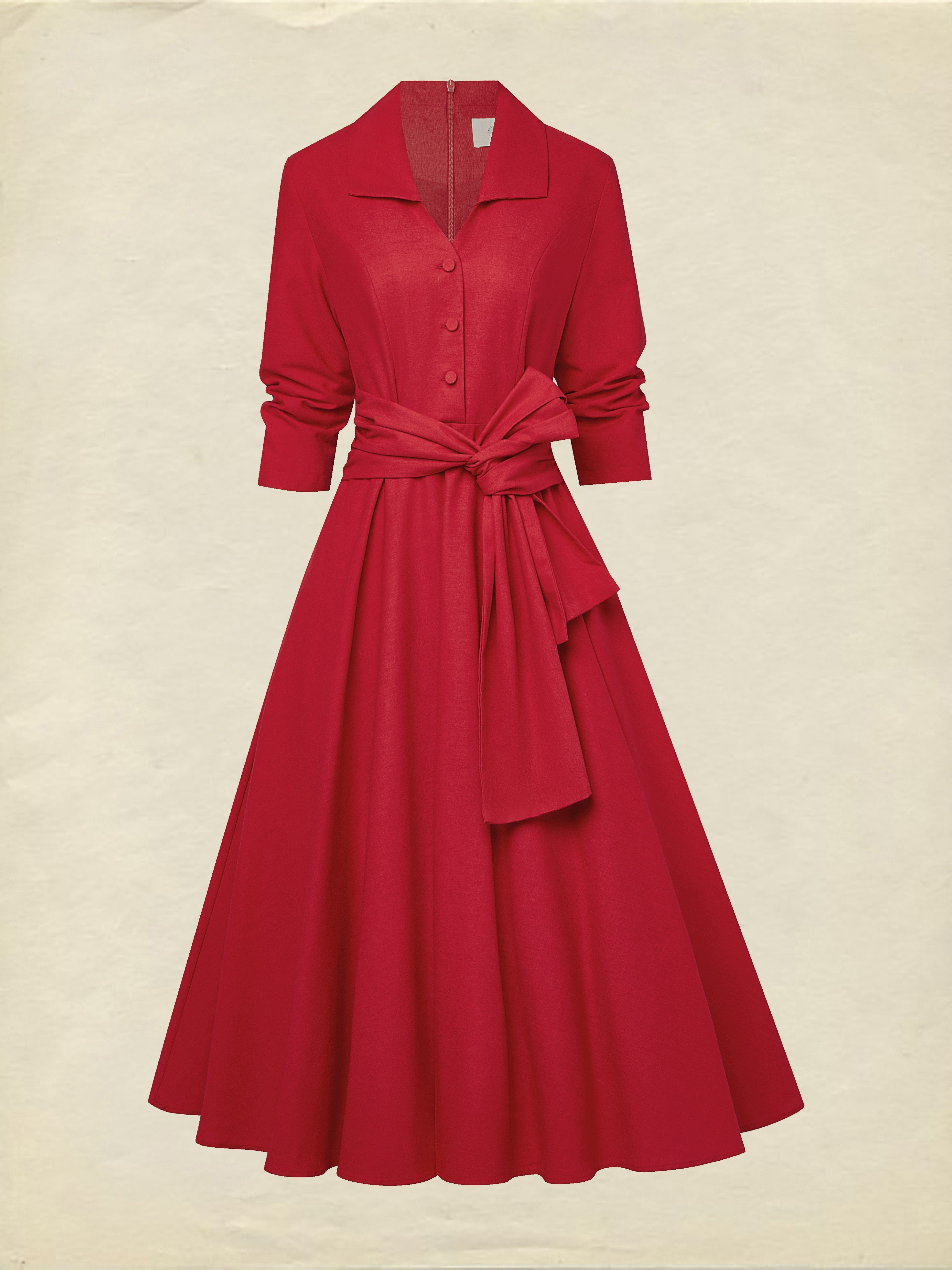 Midi Linen Dress, Half Sleeve, Shawl Collar, Plain, Button Design, French Vintage, Red
