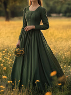 Linen Maxi Dress, Square Neck, Long Sleeves, Victorian Style, Linen Blend, Green