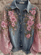 Vintage Pink Flowers Glitter Embroidered Denim Jacket