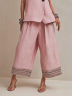 Blush Pink Linen-Blend Co-ord Set With Button Vest & Striped Hem Culottes