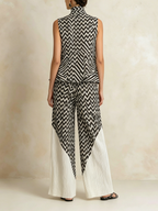 Black & White Chevron Print High-Neck Top & Pleated Wide-Leg Pants Set