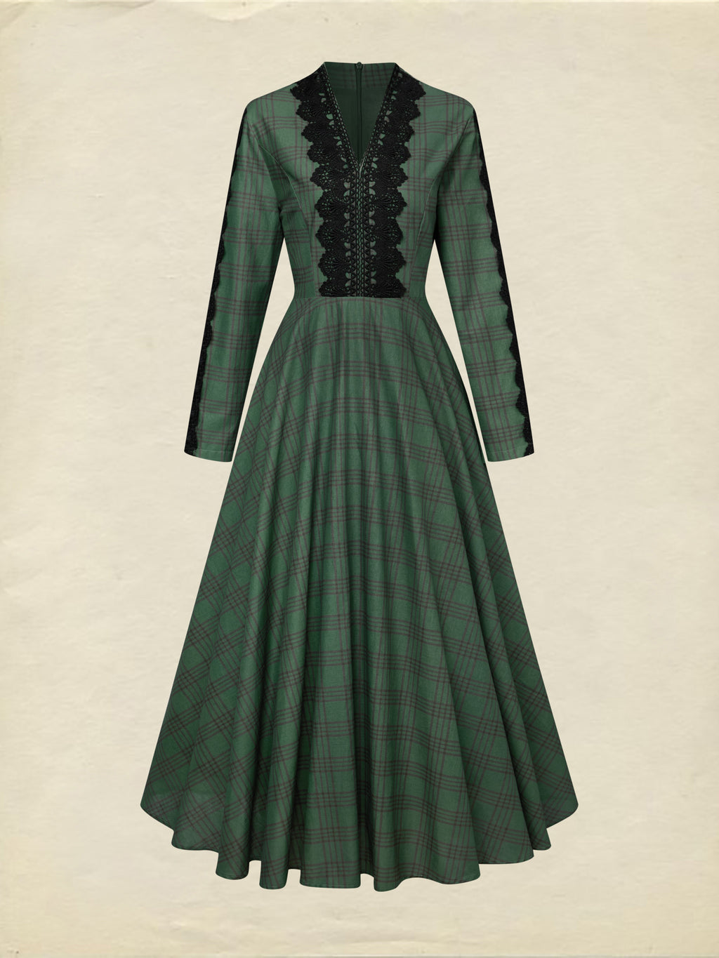 Maxi Linen Dress, Long Sleeves, V Neck, Plaid, Lace, Vintage, Deep Green