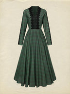 Maxi Linen Dress, Long Sleeves, V Neck, Plaid, Lace, Vintage, Deep Green