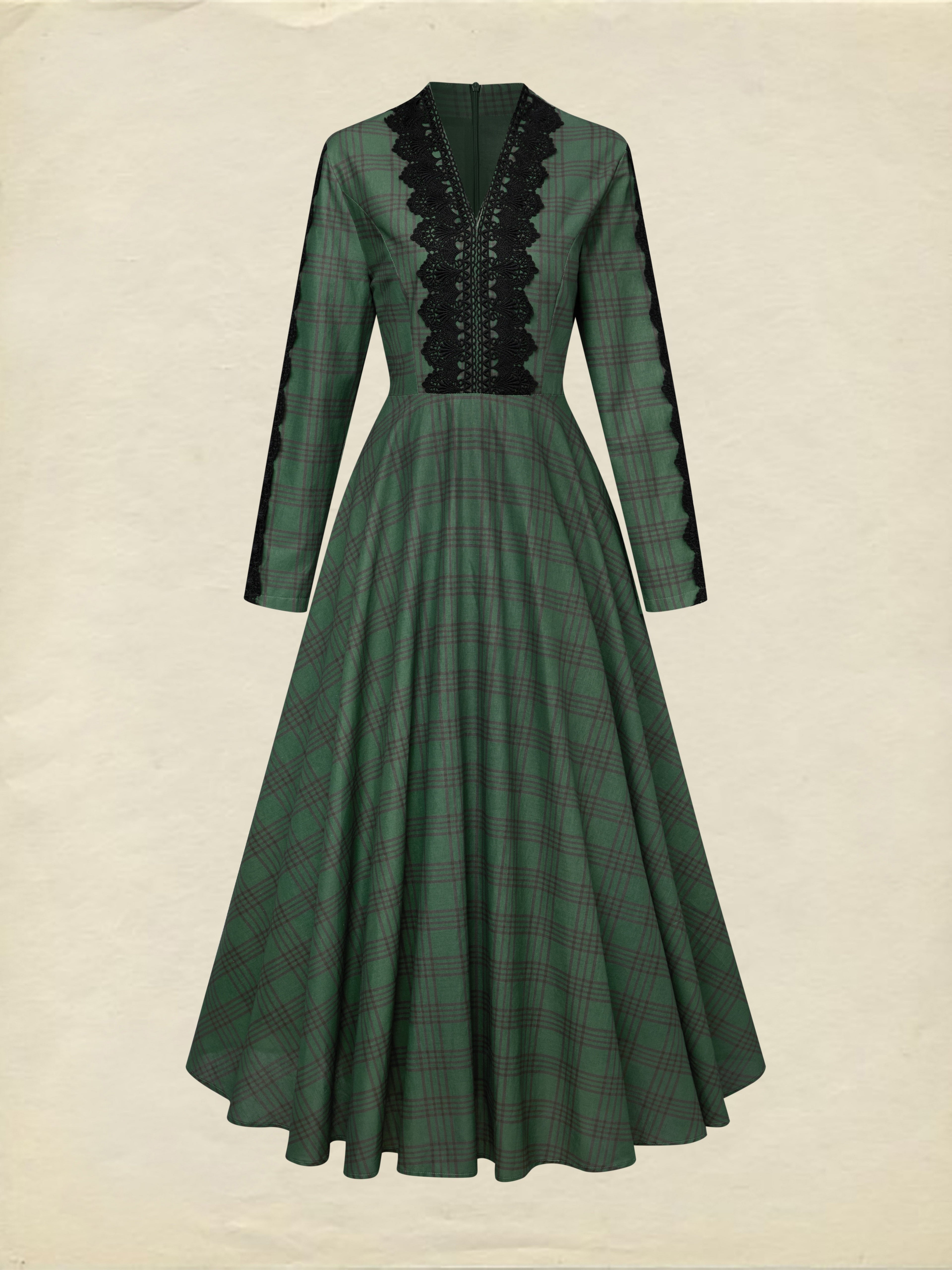 Maxi Linen Dress, Long Sleeves, V Neck, Plaid, Lace, Vintage, Deep Green