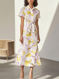 Floral Print Cotton-Blend Short-Sleeve Dress with Waist Tie