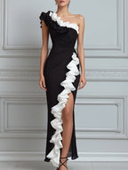 Black And White One-Shoulder Ruffle Evening Maxi Dress