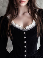 Black Velvet Peplum Corset Buttons With Lace Trim & Pearl Buttons