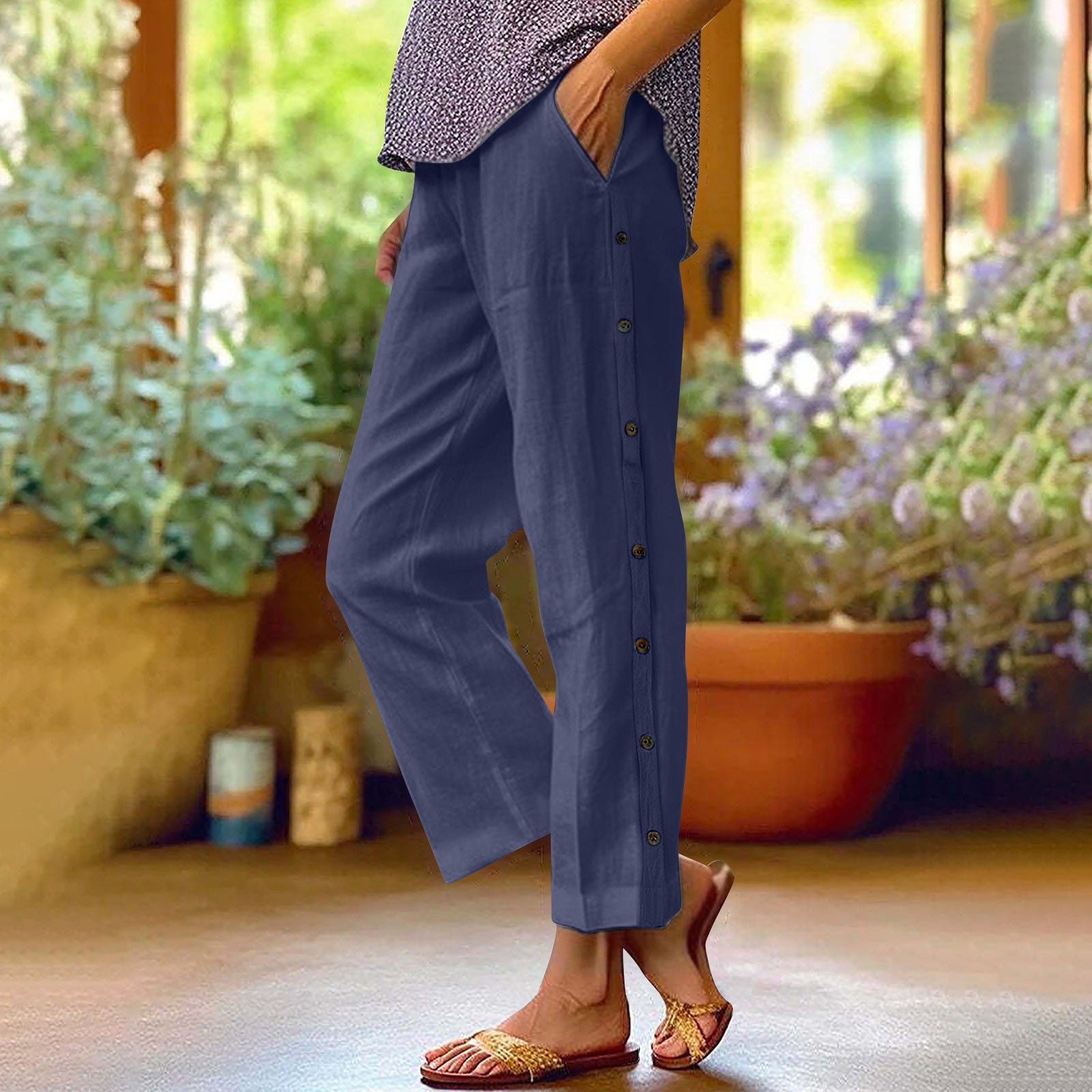 Cotton and Linen Breathable Nine-point Pants Side Seam Decorative Buckle Side Pocket High Waist Loose Casual Pants