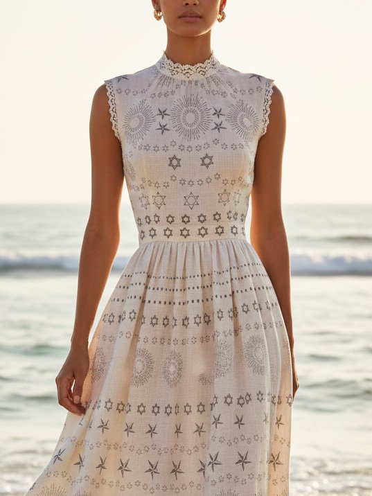Maxi Linen Dress, Sleeveless, Geometric, Vintage, White