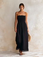 Black Cotton-Linen Blend Strapless Lace Trim Tiered Maxi Dress