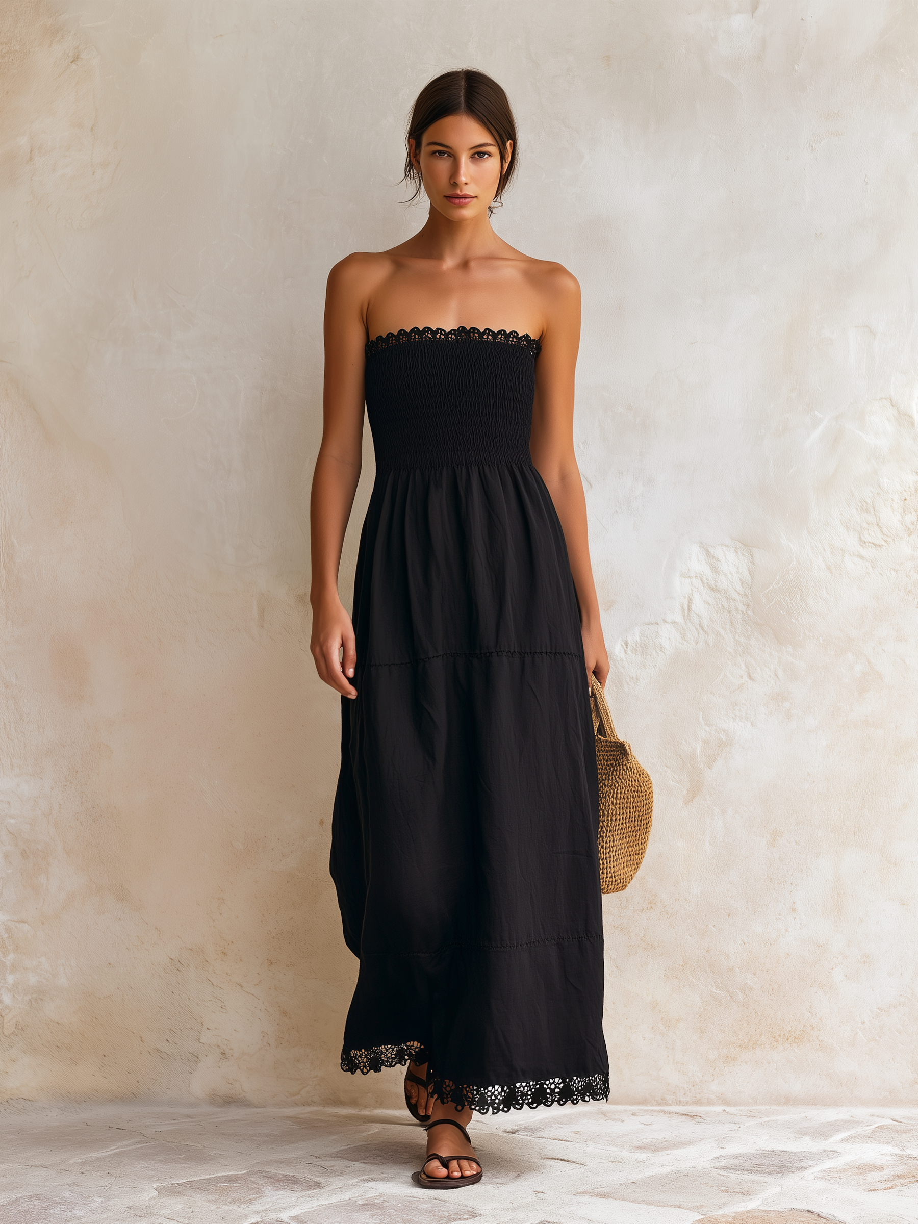Black Cotton-Linen Blend Strapless Lace Trim Tiered Maxi Dress