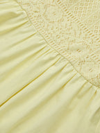 Midi Cotton Dress, Sleeveless, Round Neck, Plain, Lace, French Vintage, Light Yellow