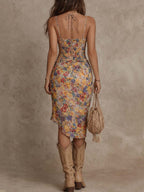 Boho Floral Ruched Midi Dress