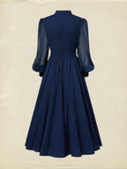 Maxi Cotton Dress, Long Sleeves, Stand Collar, Plain, Belt Design, French Vintage, Blue Purple