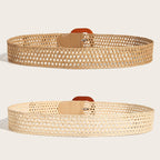 2pcs/set Hollow Out Straw Belts Boho Vintage Imitation Wooden Buckle Belts Classic Dress Coat Girdle For Women