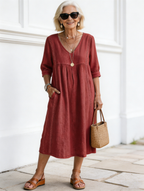 Casual Loose V-neck Splicing Lace Edge Linen Cotton Dress