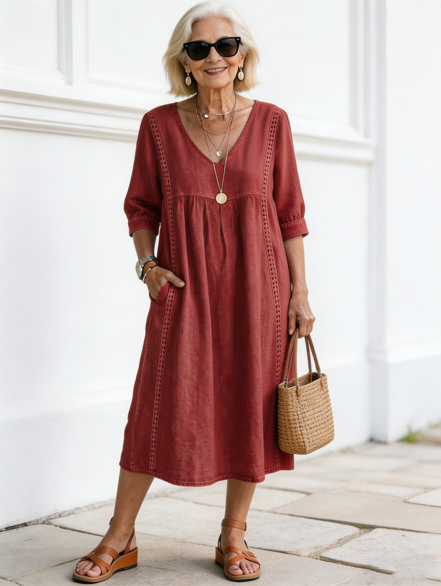 Casual Loose V-neck Splicing Lace Edge Linen Cotton Dress