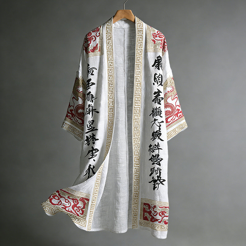 Men's Japanese Dragon Pattern Calligraphy And Painting Art Linen Long Kimono