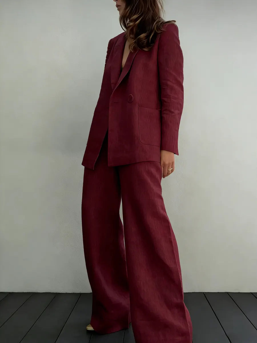 Women's Minimalist Cotton-linen Suit With Wide-leg Pants