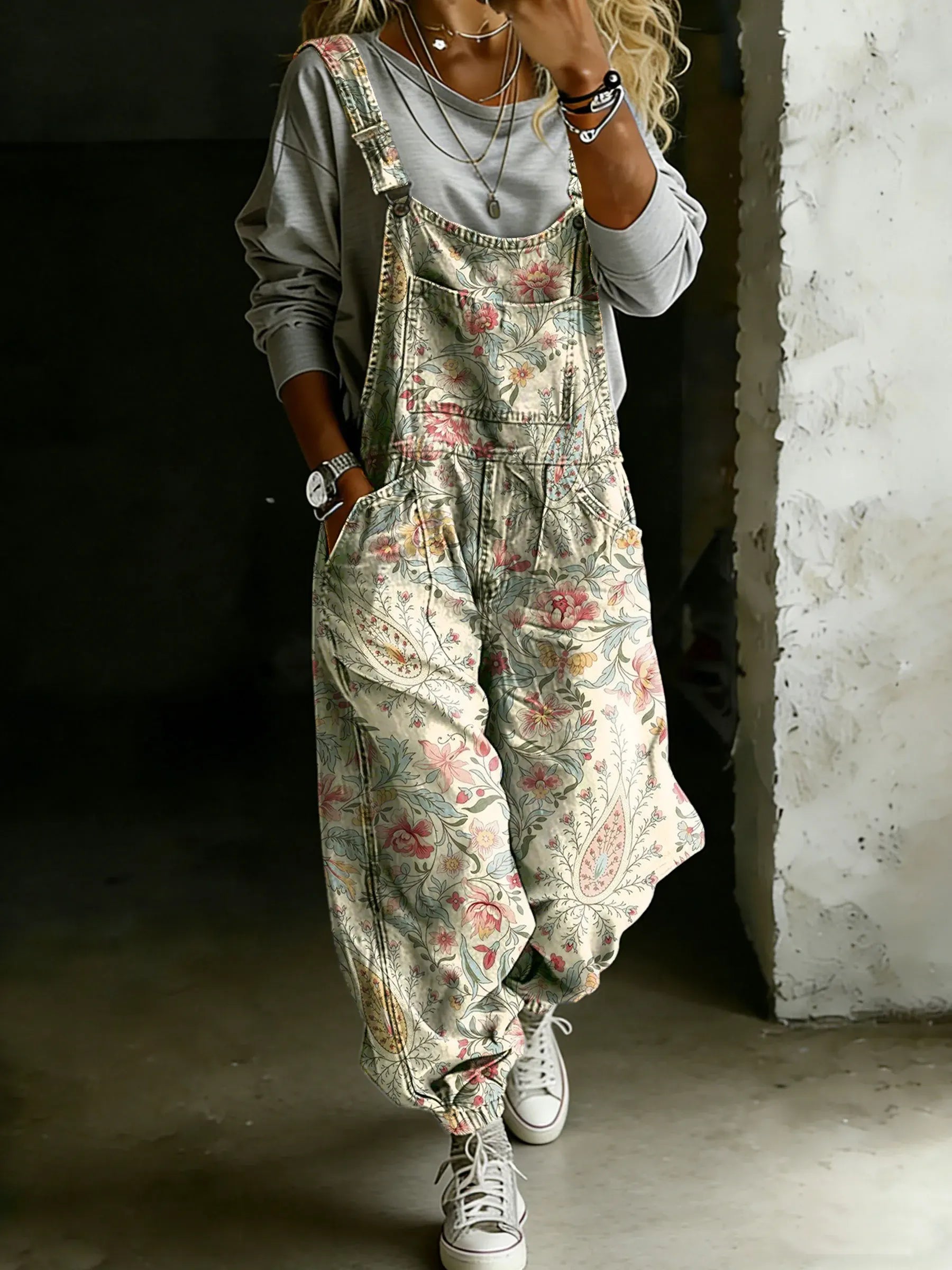 Women’s Vintage Abstract Paisley Floral Art Print Casual One Piece Denim Jumpsuit