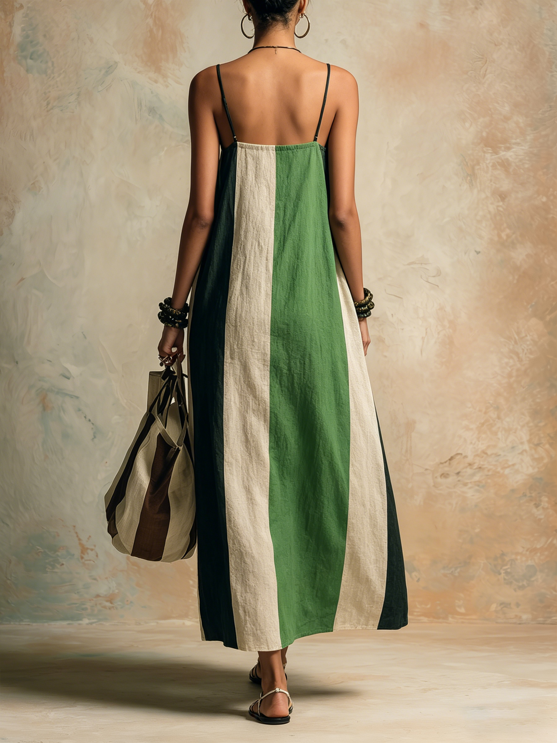 Color Block Stripe Linen-Blend Cami Maxi Dress | Effortless Resort Wear