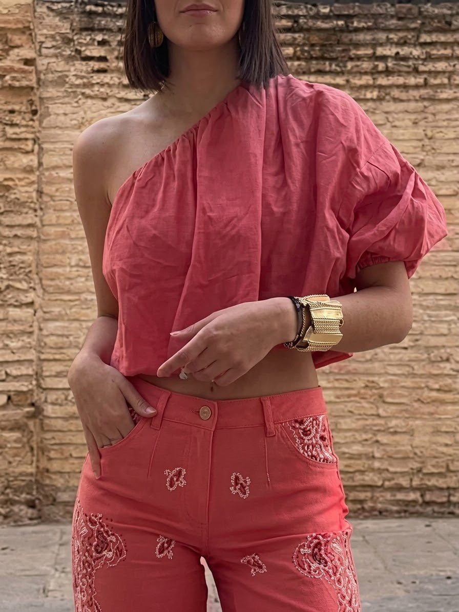 Casual Off-shoulder Linen And Cotton Top