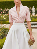 Linen Shirt, Short Sleeves, V Neck, Plain, Lace, Vacation, Vintage, Light Pink