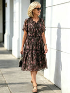 Dark Floral Mesh Tiered Midi Dress, Tie Neck Short Sleeve Elastic Waist Loose Tummy Concealing Dress for Plus Size Mature Women