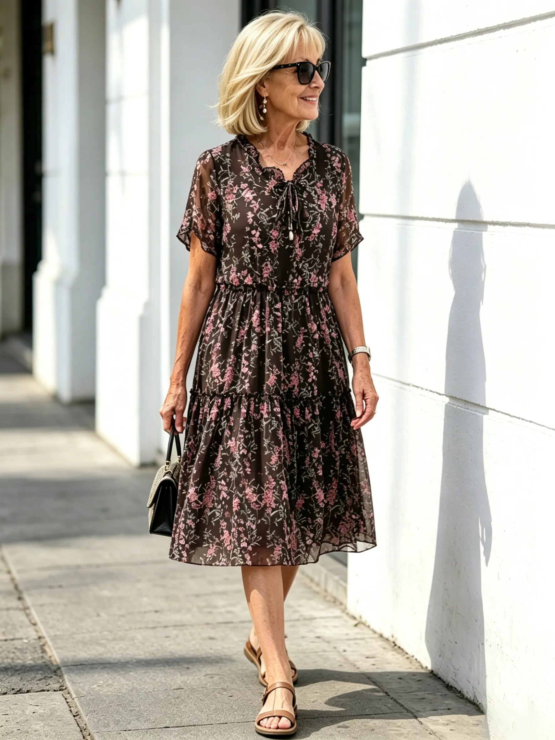 Dark Floral Mesh Tiered Midi Dress, Tie Neck Short Sleeve Elastic Waist Loose Tummy Concealing Dress for Plus Size Mature Women