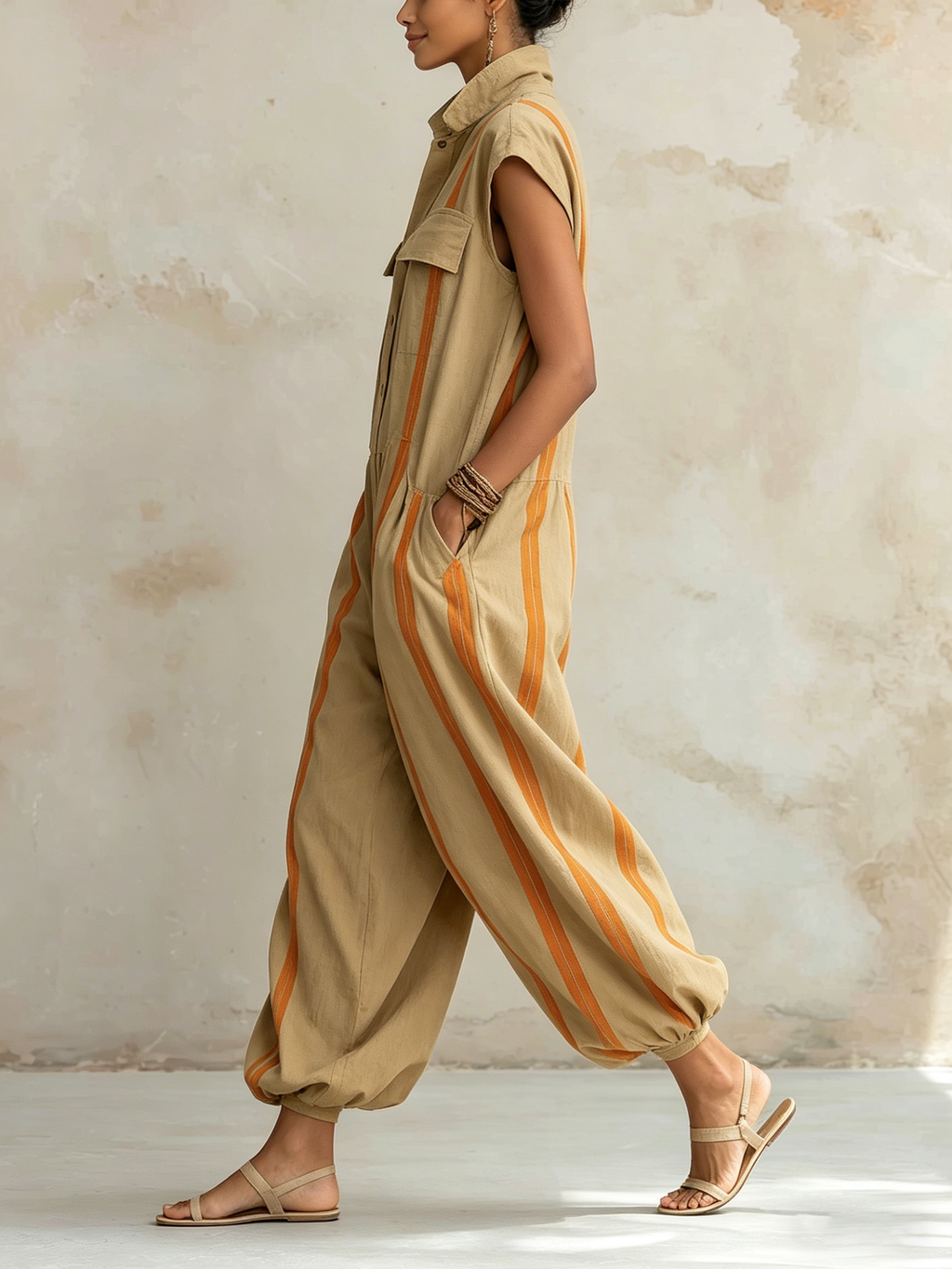 Stand Collar Striped Utility Jumpsuit