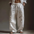 Men's White Almond Blossom Flowy Wide Leg Linen Pants