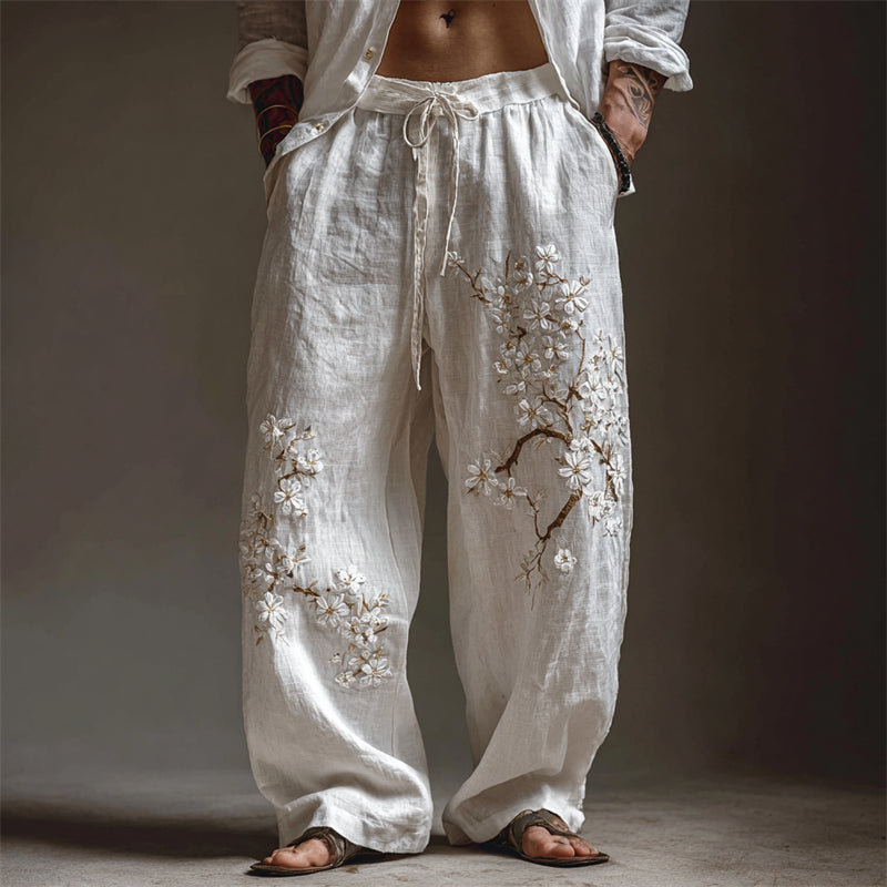 Men's White Almond Blossom Flowy Wide Leg Linen Pants